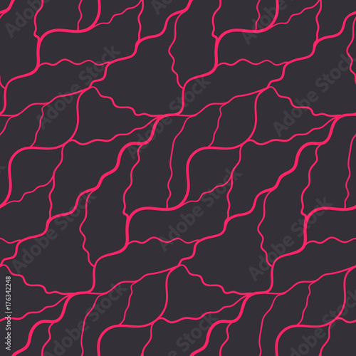 Seamless pattern with abstract irregular wavy pink grid on black background. Dark contrast red capillary lines texture for textile, wrapping paper, cover, wallpaper, surface