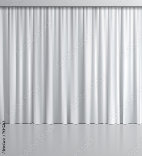 White curtain background. Vector realistic white curtain with mirror reflection.