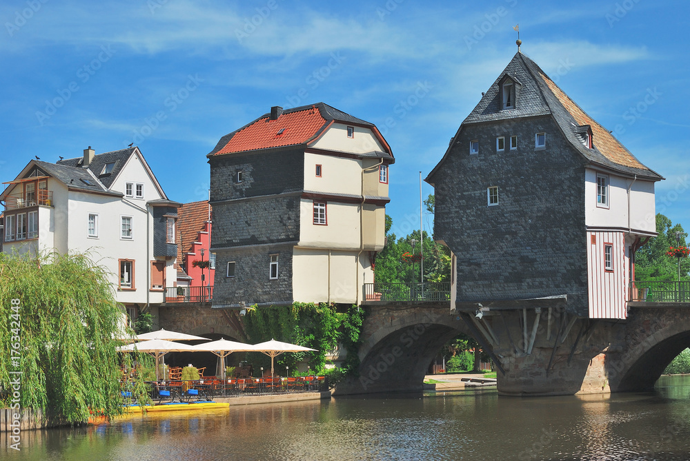 die Alte Nahebrücke mit den bekannten Brückenhäusern in Bad Kreuznach,Rheinland-Pfalz,Deutschland