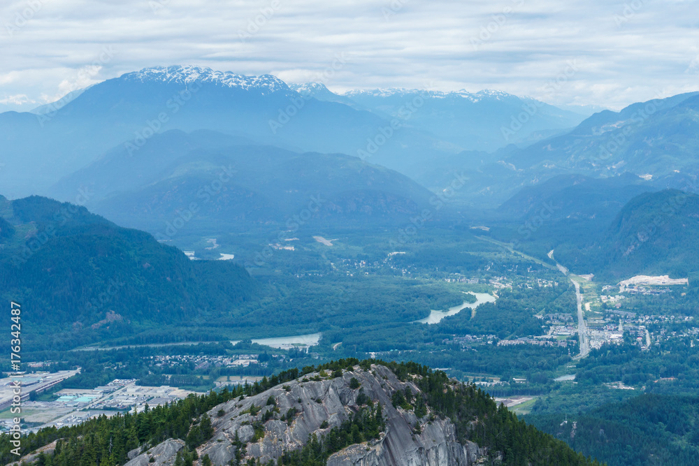 View of Squamish City from mountain in British Columbia, Canada.