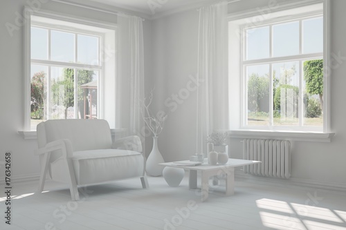 Idea of white room with armchair and summer landscape in window. Scandinavian interior design. 3D illustration © AntonSh