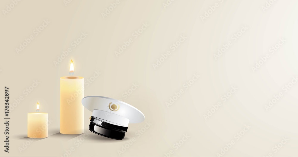 Burning candles and captain cap on white background. Candle of memory. Vector illustration Burning candles and captain cap on white background. Candle of memory. Vector illustration