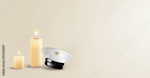 Burning candles and captain cap on white background. Candle of memory. Vector illustration