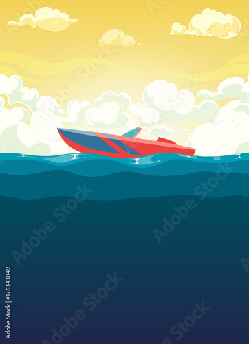 Sea illustration of red boat in dawn