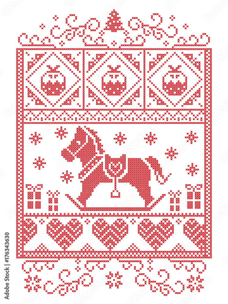 Elegant Christmas Scandinavian, Nordic style winter stitching, pattern including snowflake, heart, rocking horse, Christmas tree, Christmas present snow in red, white in decorative rectangle frame
Elegant Christmas Scandinavian, Nordic style winter stitching, pattern including snowflake, heart, rocking horse, Christmas tree, Christmas present snow in red, white in decorative rectangle frame