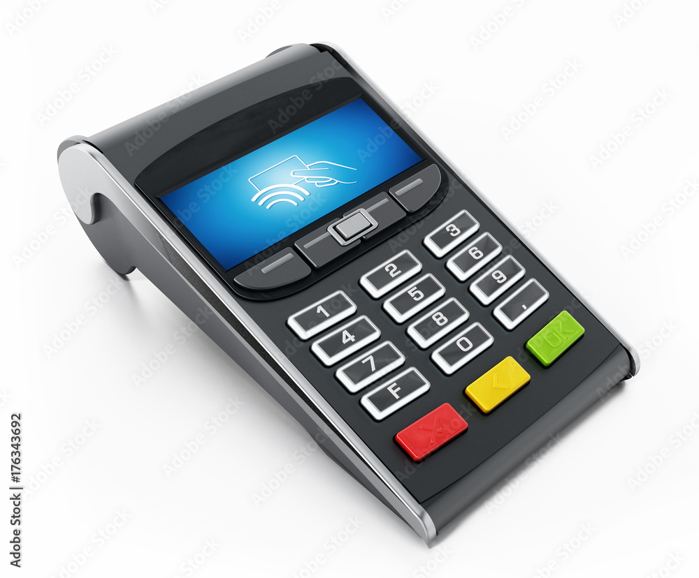 POS terminal with remote wireless symbol on the screen. 3D illustration POS terminal with remote wireless symbol on the screen. 3D illustration