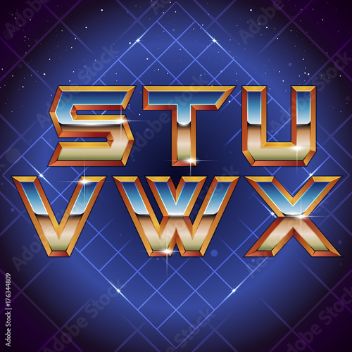 80s Retro Futuristic Font from S to X. Vector retro futuristic synth retro wave letters in 1980s posters style