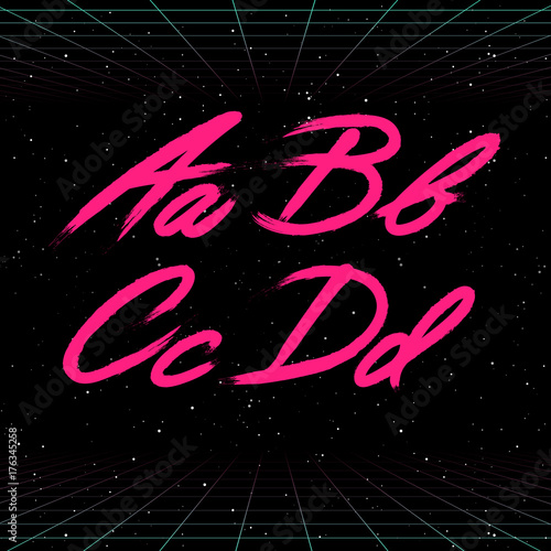 80s Retro Futuristic Font. Vector Brush Stroke Alphabet. Letters from A to D