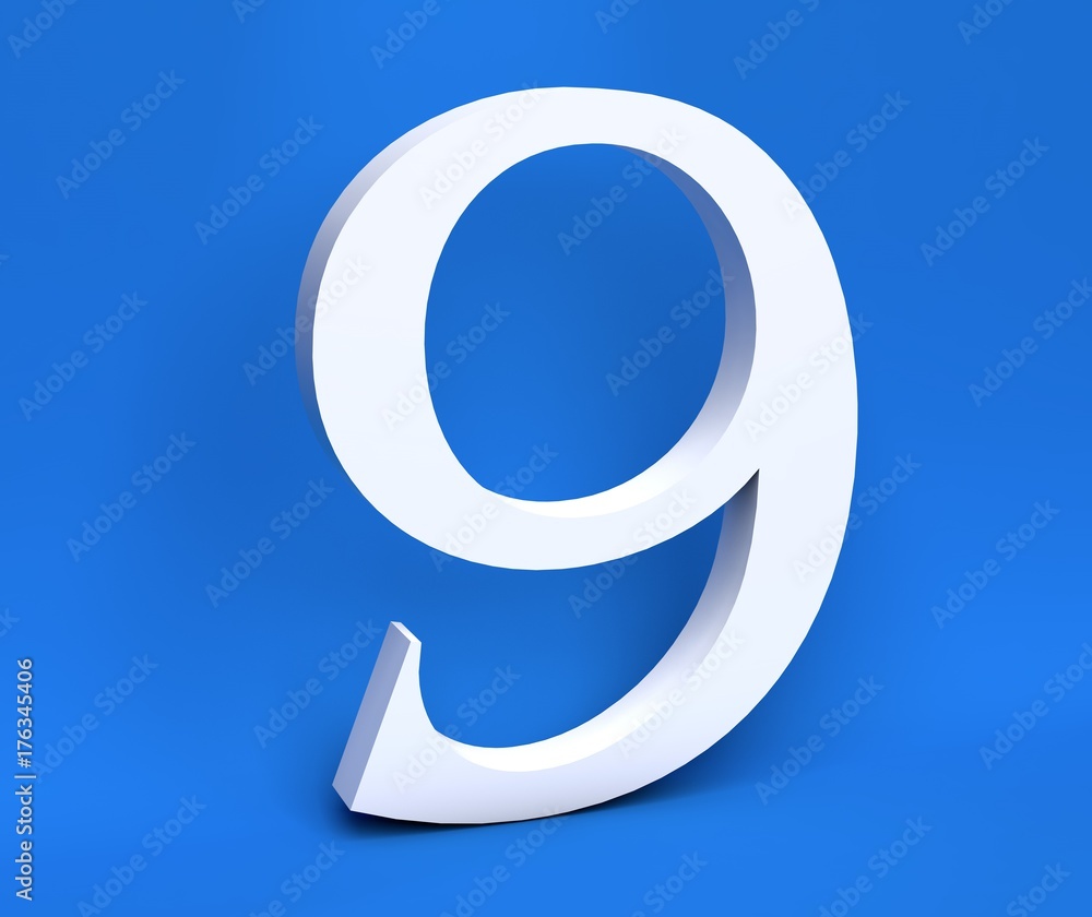 White number 9 (Nine) on a blue background. 3D Render White number 9 (Nine) on a blue background. 3D Render