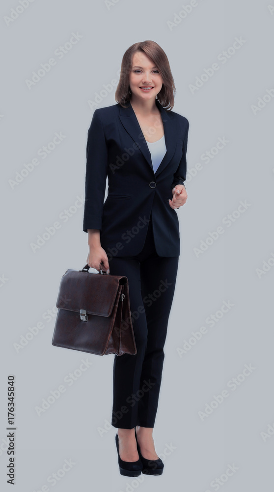 Portrait of businesswoman handing suitcase, isolated on white Portrait of businesswoman handing suitcase, isolated on white