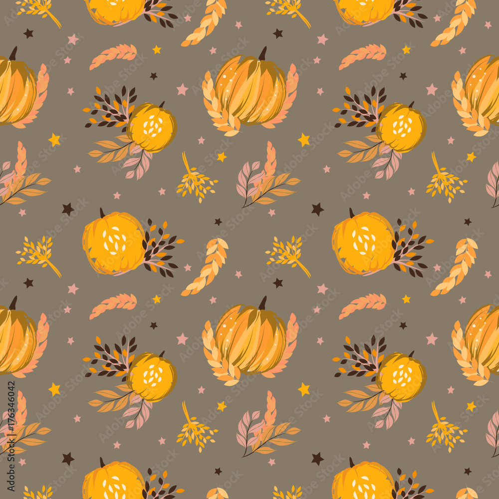 Autumn pattern with pumpkins, foliage, wheat, rye. Seamless background. Halloween, thanksgiving style. Autumn pattern with pumpkins, foliage, wheat, rye. Seamless background. Halloween, thanksgiving style.
