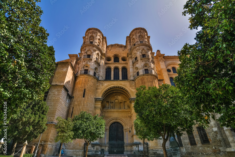 Obraz premium Malaga, Spain. Circa September 2017. .Facade of the cathedral on a sunny day.