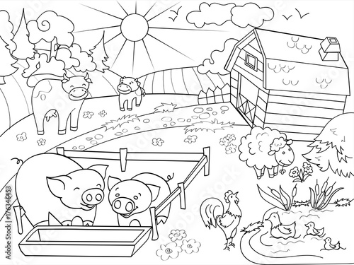 Fotografi Farm animals and rural landscape coloring raster for adults