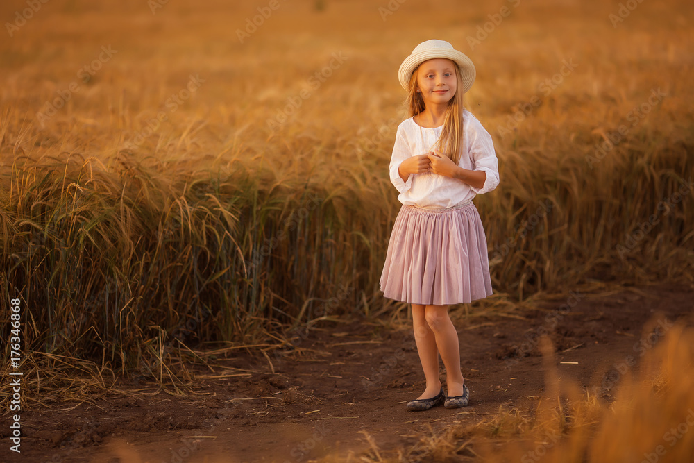 Portrait of a cute beautiful girl with long hair on the background of a wheat field on a summer evening Portrait of a cute beautiful girl with long hair on the background of a wheat field on a summer evening