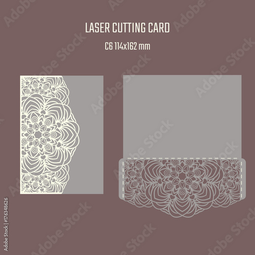 DIY laser cutting vector envelope. Wedding die cut invitation template. Cutout silhouette card. Scrapbook carved paperwork. Floral layout.