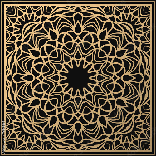 Vector golden ornament. Square vintage card for design. Premium background in luxury style. Floral tile. Suitable for laser cutting.