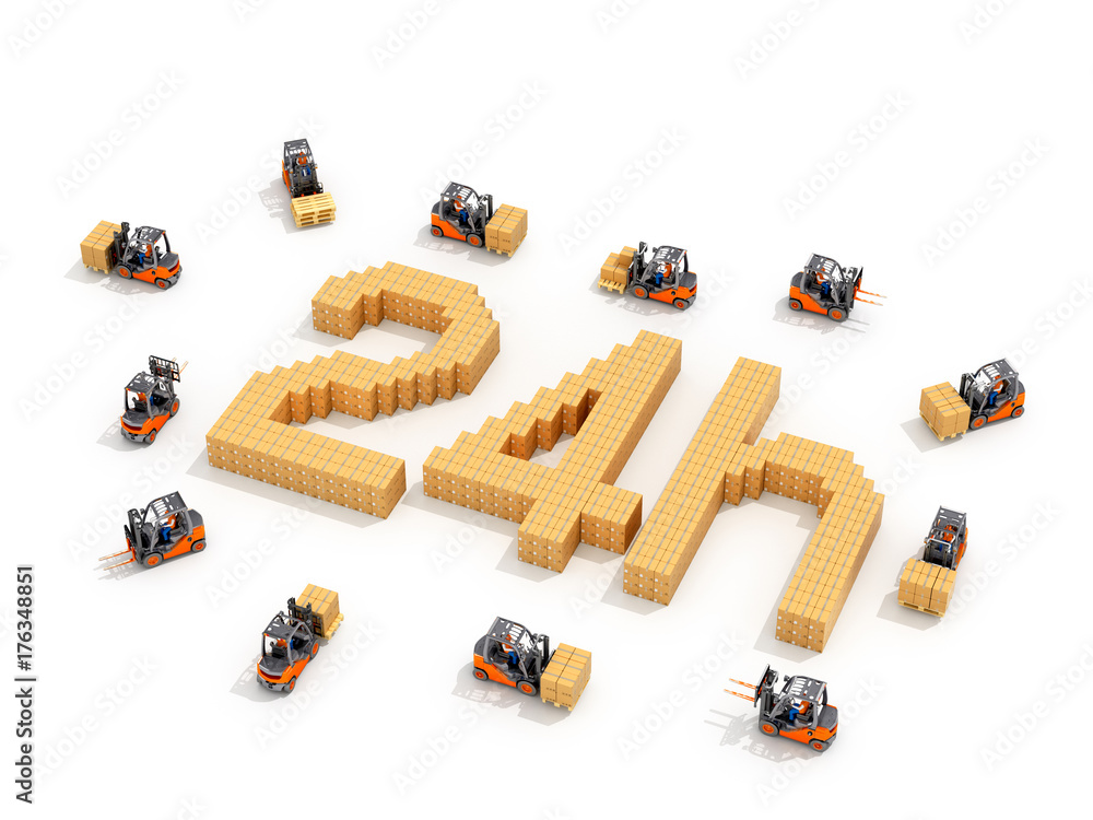 Obraz premium Concept of delivery. Boxes made of corrugated cardboard and which form the inscription around which loaders are riding. 3D illustration