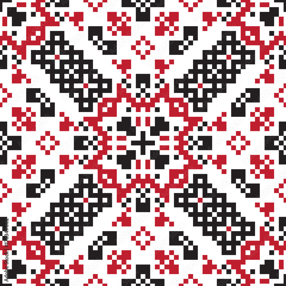 Fototapeta premium Ethnic geometric pattern. Black, red and white seamless background. Pixel boho ornament.
