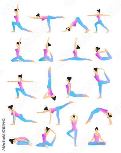 Woman is practicing yoga movements. Vector set of different yoga positions.