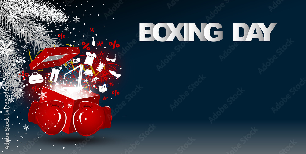 Boxing day sale concept design of red boxing gloves holding gift box with fashion icon and firework