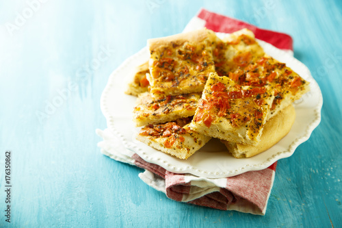 Focaccia bread with tomatoes and garlic