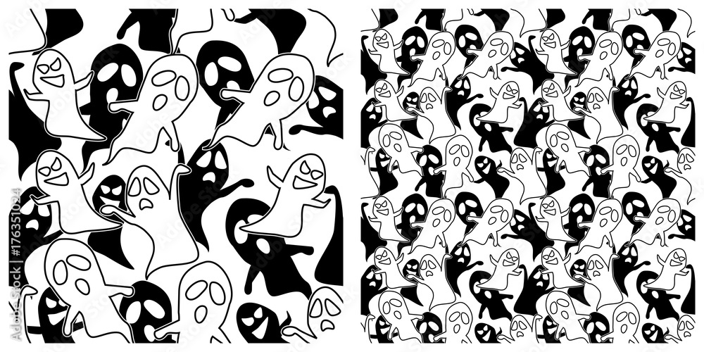 Ghost seamless background. Left is single pattern  right is assembly of 4 patterns