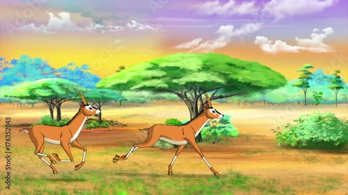 Herd of Antelopes or Gazelles Runs Through Savannah