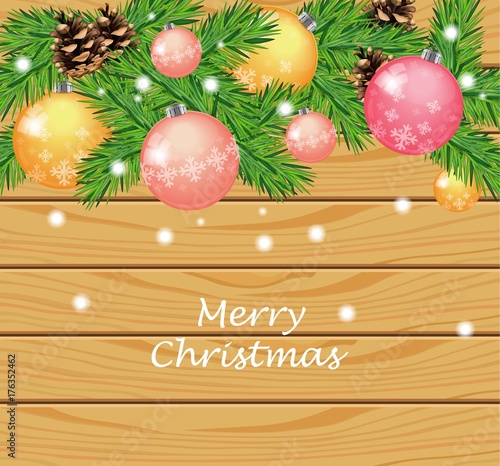 Christmas card with baubles, lights and wood texture Vector. Pastel colors ba...