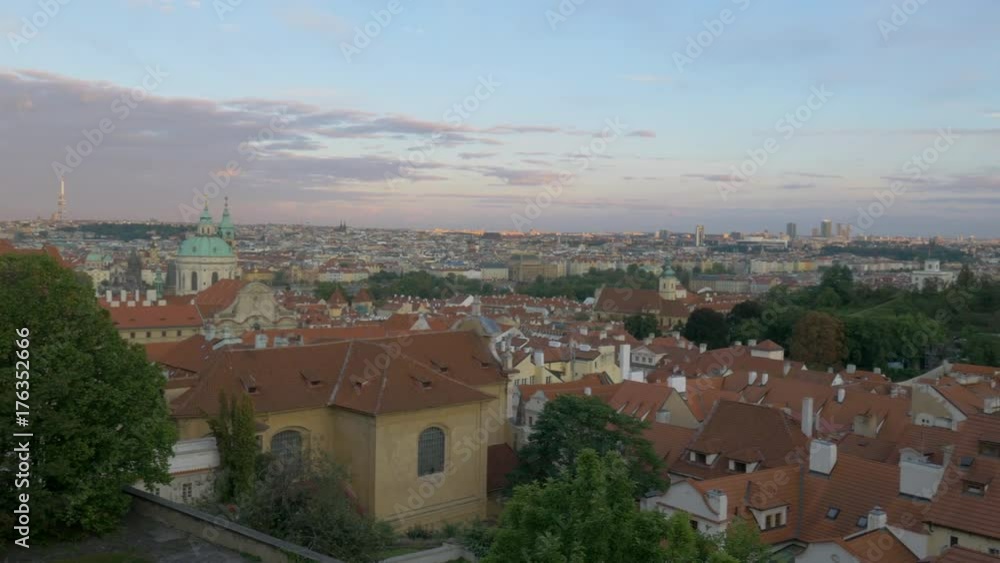 Short pan across rooftops in Prague, Czech Republic. Taken during beautiful evening Short pan across rooftops in Prague, Czech Republic. Taken during beautiful evening