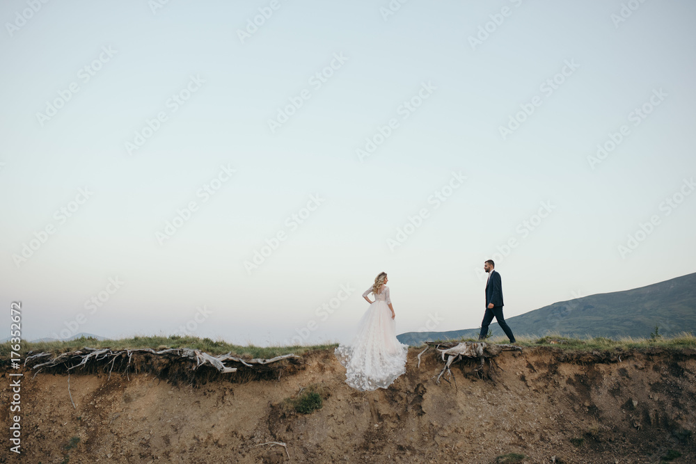 Obraz premium A beautiful couple of brides walking outside