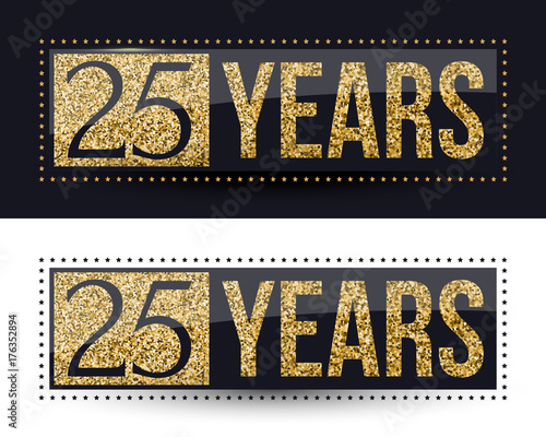 25 years anniversary gold logo on dark and white background. Vector illustration. photo