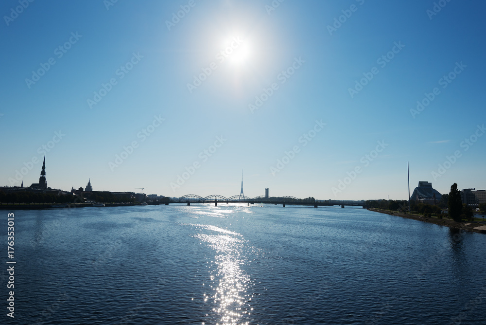 Morning on Daugava river in Riga, Latvia.