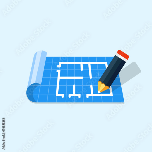 Floor plan with pencil flat icon vector