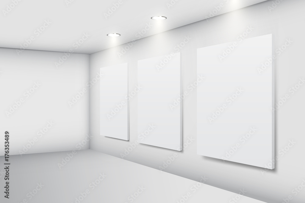 Realistic white gallery interior with empty picture frames, vector illustration Realistic white gallery interior with empty picture frames, vector illustration