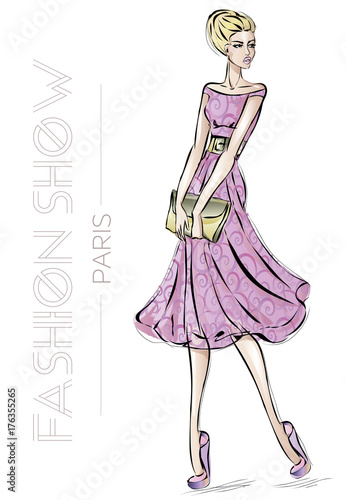 Fashion show in Paris advertising card with young beautiful sexy woman sketch style vector illustration