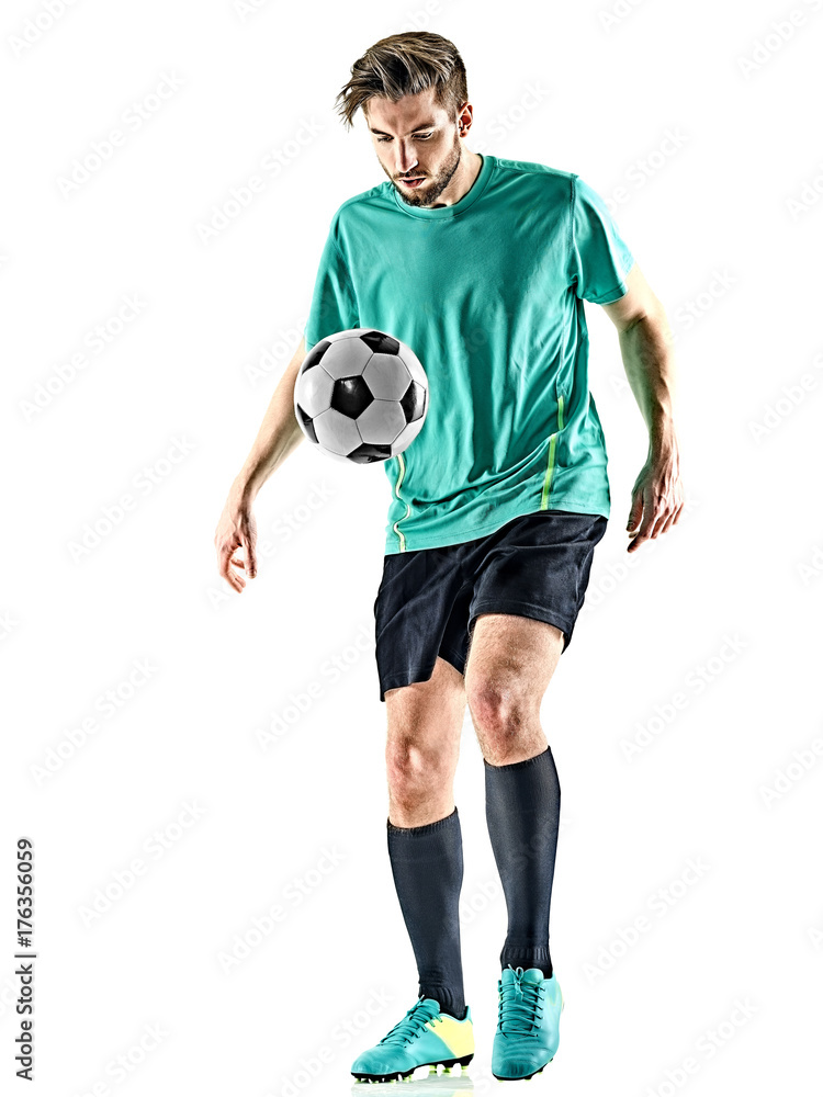 one caucasian soccer player man jungling isolated on white background