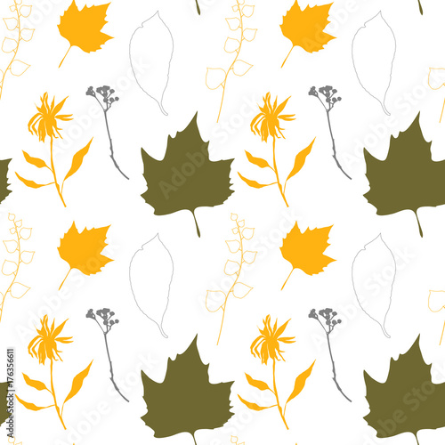 Floral vector seamless pattern with wild flowers, platan or maple and ivy leaves and twigs with berries.