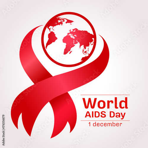 world aids day with earth world sign and red ribbon sign vector design