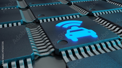 Closeup of connected CPUs with a glowing car and wifi symbol