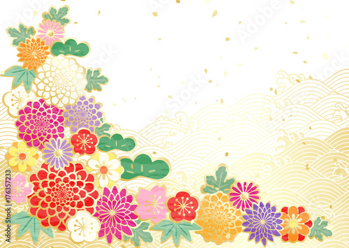 華やか　新年　波　花柄 