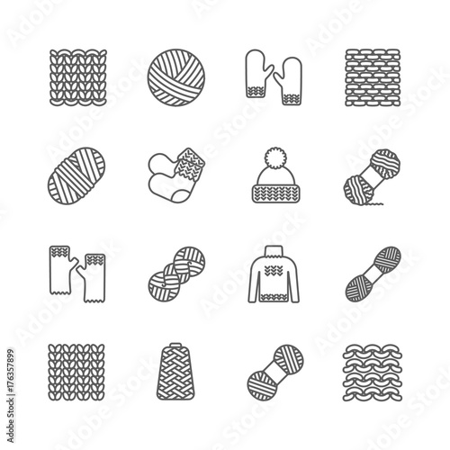 Knit icon set. Yarn, knittind clothes, knitted samples thin line sign. Hat, mittens, socks, sweater and other hand-knitted garments.