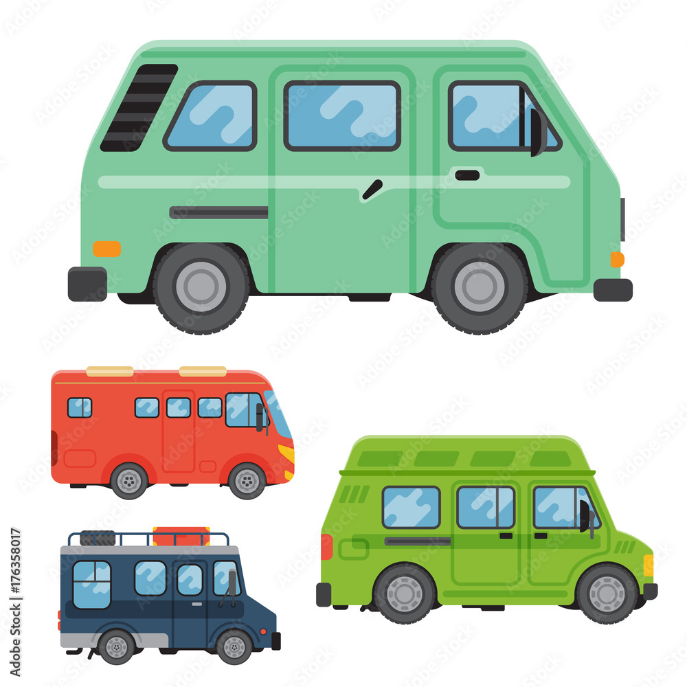 Campers vacation travel car summer nature holiday trailer house vector illustration flat transport