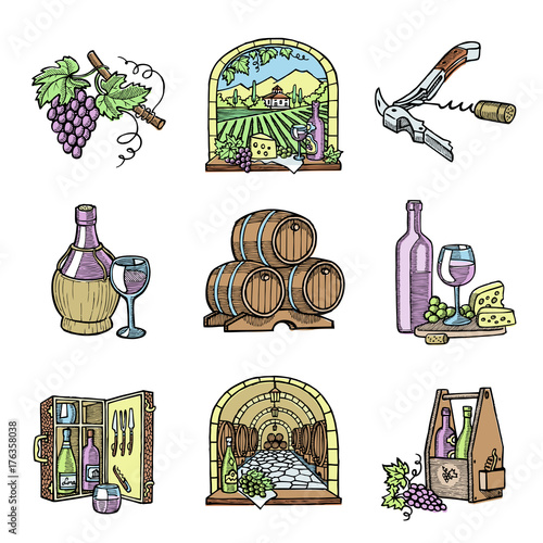 Wine production cellar winery viticulture winey product alcohol farm grape vintage hand drawn vector illustration.