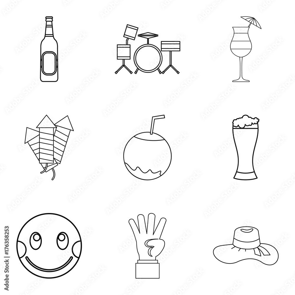 Noisy night icons set, outline style Noisy night icons set, outline style