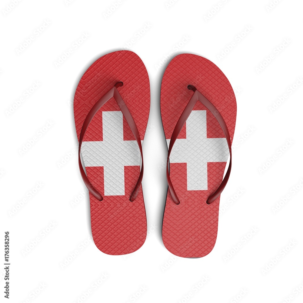 Switzerland flag flip flop sandals on a white background. 3D Rendering Switzerland flag flip flop sandals on a white background. 3D Rendering