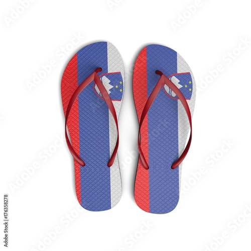 Slovenia flag flip flop sandals on a white background. 3D Rendering