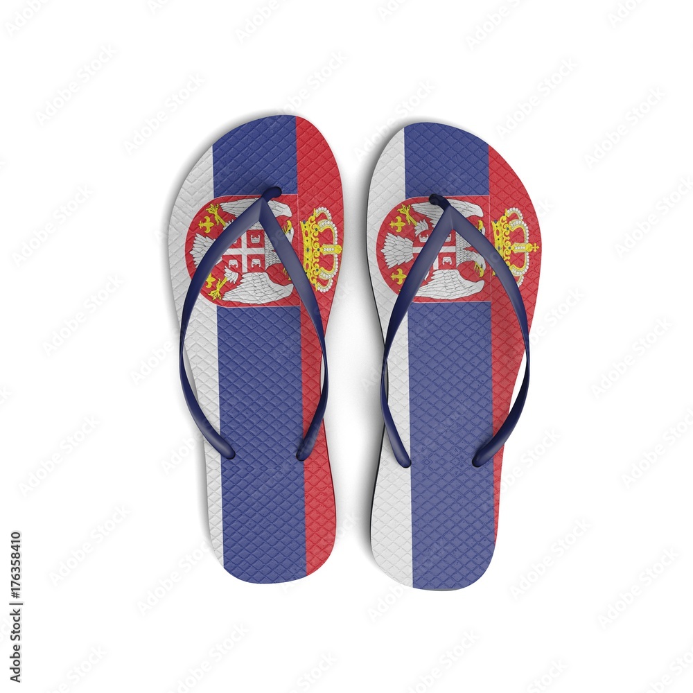 Serbia flag flip flop sandals on a white background. 3D Rendering Serbia flag flip flop sandals on a white background. 3D Rendering