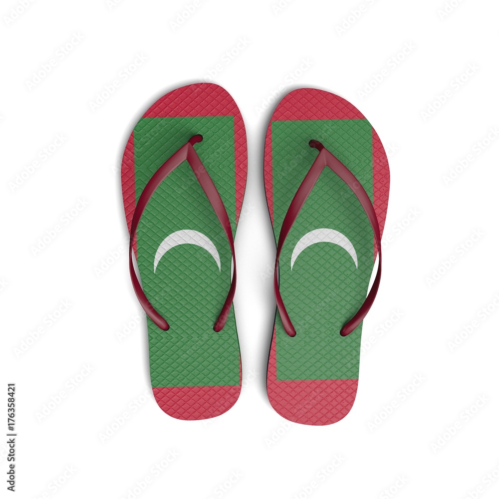 Maldives flag flip flop sandals on a white background. 3D Rendering Maldives flag flip flop sandals on a white background. 3D Rendering