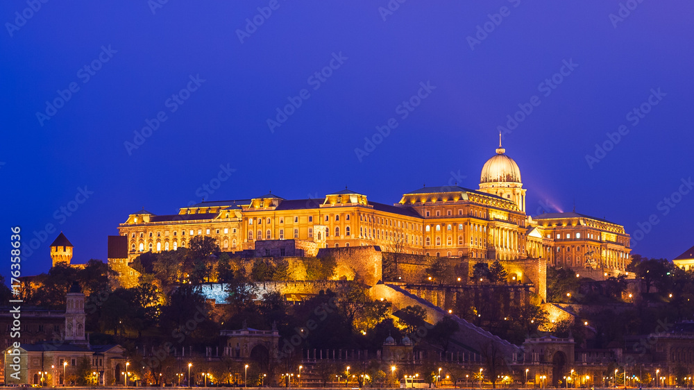 Buda Castle, the historical castle and palace complex of the Hungarian kings in Budapest by night, Budepest, Hungary