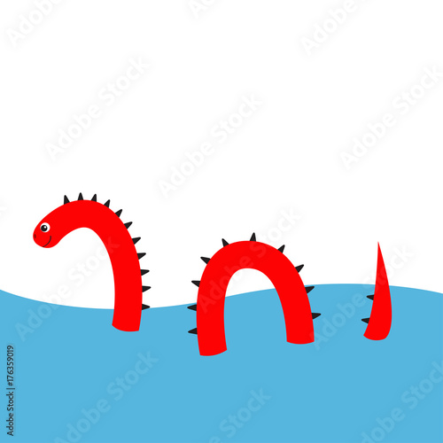 Water monster with thorns, eye, tail Swimming floating Sea ocean. Snake shape. Loch Ness Nessy fictional creature. Funny Cute cartoon character. Baby collection. Flat design. White background.